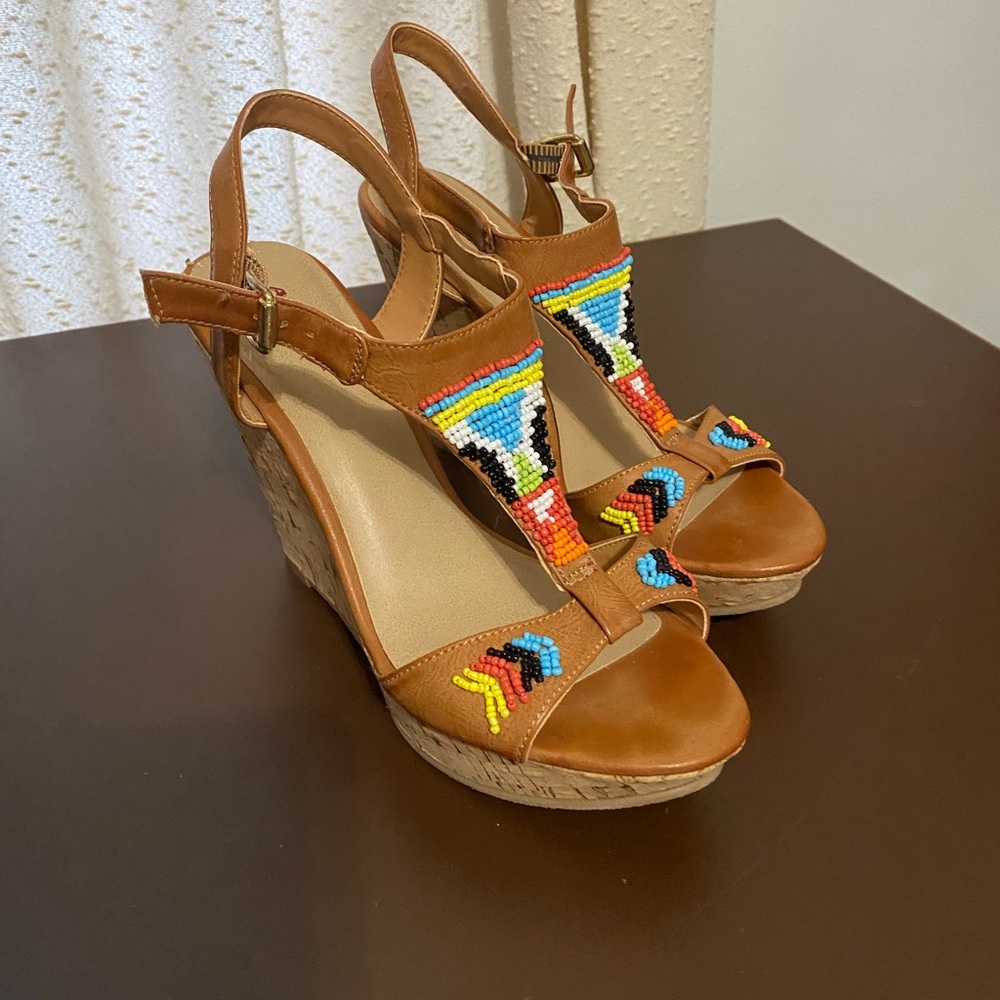Beaded Wedge Sandals - Brown